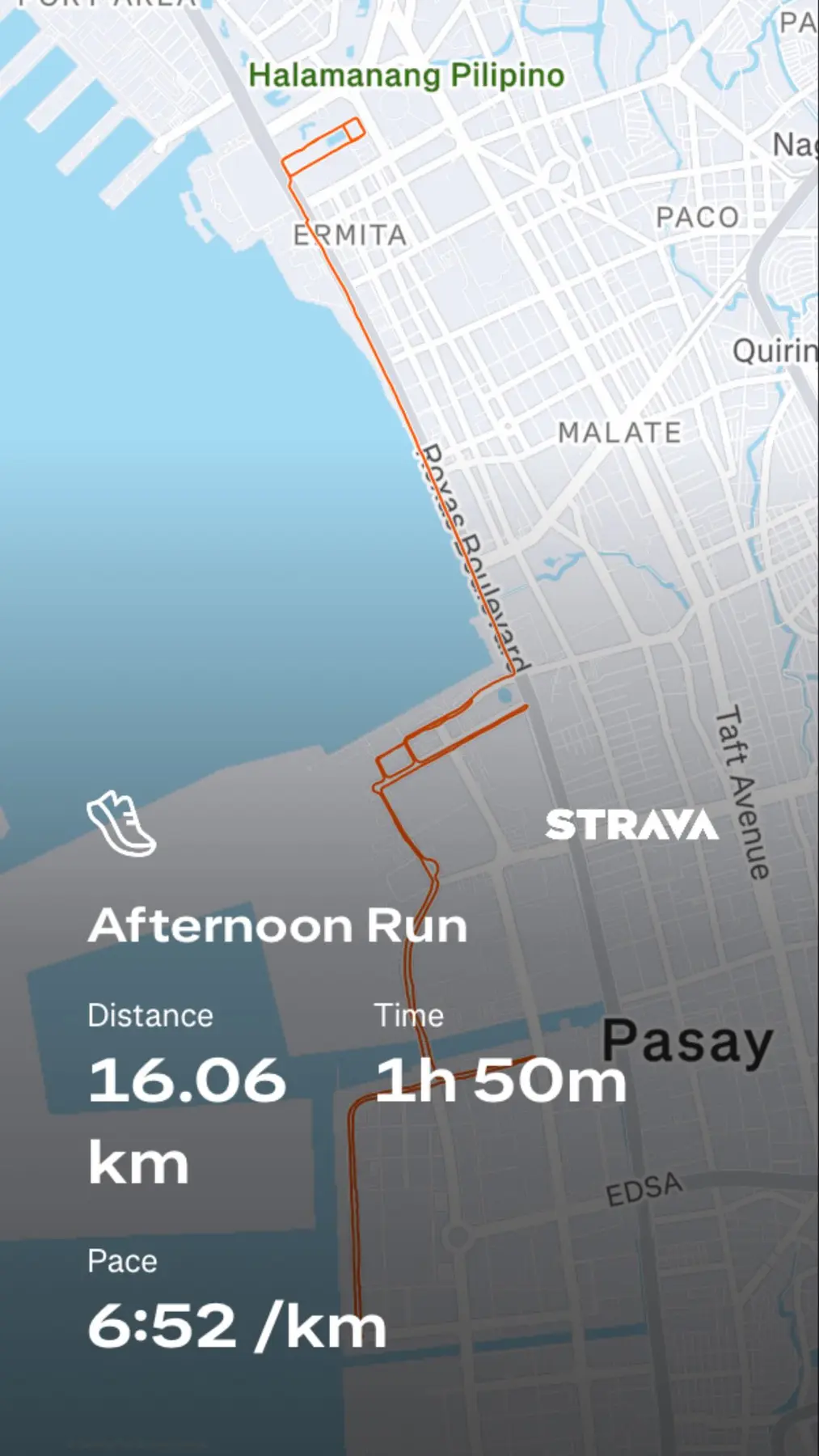 A completed 16.06-kilometer run recorded on Strava